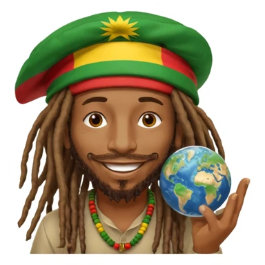 A rasta man bigging up di whole world 🎯🌍👊🏾👊🏻👊🏿🌍🎯 reggae vibes 🎶, love and unity ✨💛💚❤️, every nation stand strong 🇯🇲🌐 with the world in his hand fully of energy and it's obvious reggae music heals the soul maybe put it in text above his heard sticker