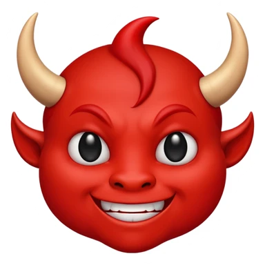 CARTOON STYLE EMOJI of a RED DEVIL FACE with small HORNS pointing up, BLACK EYES, and a MISCHIEVOUS SMILE. The entire face is RED with a smooth glossy texture. BACKGROUND is PURE WHITE, clean and simple. sticker