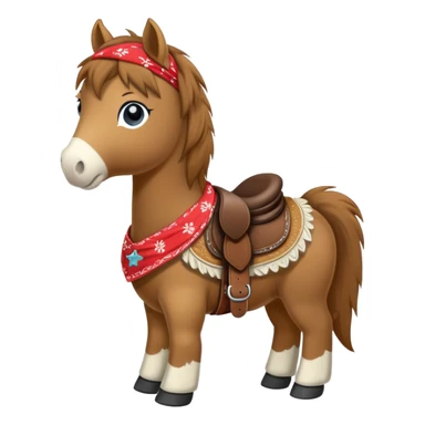 A brown plush pony with a western saddle and bandana sticker