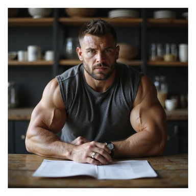 hyperrealistic 4K image of a bodybuilder sitting at a table with a meal plan in front, reflective expression, about to change diet focus from mass to definition, sheet showing old diet and new meal plan comparison, detailed kitchen or gym environment sticker