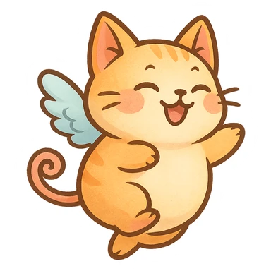 a plump cat with pig tail and wings, soaring, joyful, fantasy style, cute cartoon sticker
