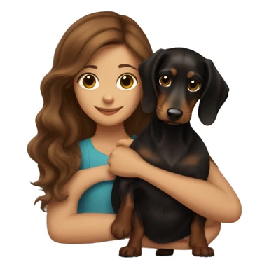 Brown long wavy hair girl cuddling a small honey black dachshund sticker