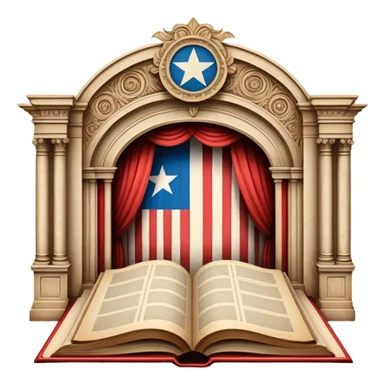 Vintage open book centered on elaborate theater scenography sketches, technical drawings of stage elements, set models on parchment pages, Puerto Rican flag elements throughout the designs sticker