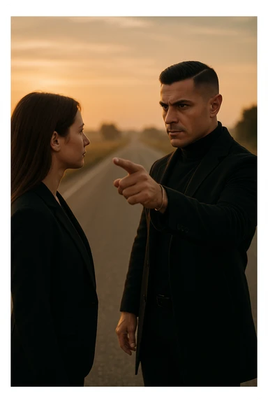 Cinematic photo of a confident man giving clear direction to a woman, standing in front of her with a firm but calm expression, pointing forward as if showing her the path to follow. The man is dressed in a dark jacket, embodying the role of a commander, while the woman looks at him attentively, ready to follow. The setting is an open road at sunrise with soft golden light, symbolizing new beginnings and leadership. Shot from a side angle, capturing both profiles with a clear view of his guiding gesture. sticker