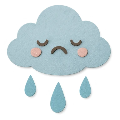kawaii rain cloud, soft blue raindrops, sad face, soft pastel colors, no limbs, full body, paper craft style sticker