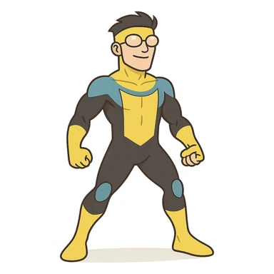 invincible superhero in blue and black suit with yellow goggles heroic stance cartoon style sticker