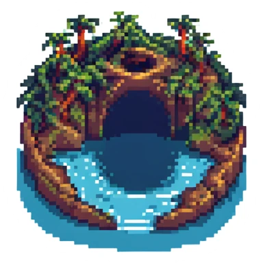 an island with a large hole or arch through it, surrounded by water, pixel art style sticker