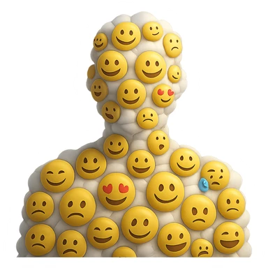 person composed entirely of volumetric emoji clouds, shoulder view, looking straight ahead sticker