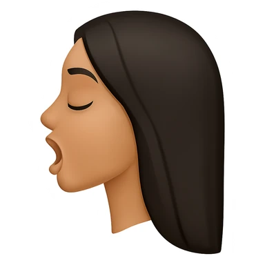 Create a side view (profile) of this woman's head in the normal iPhone emoji style, with closed eyes and an open mouth, smooth shading, no outlines, and long dark hair. This is variant 1. The style should closely resemble the iPhone emoji style with smooth shading and no outlines. sticker