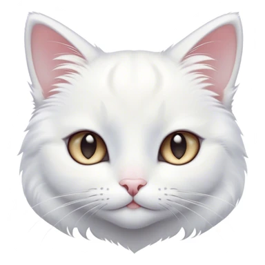 Cinematic Cute White Cat Portrait Emoji, Head tilted with a soft, gentle smile and sparkling eyes, featuring a silky, pristine white fur with subtle silver highlights, simplified yet irresistibly adorable, highly detailed, glowing with a warm, snowy glow, high shine, radiating affectionate charm and tender grace, styled with a light, playful outline, capturing the essence of a cute white cat that looks as if it could melt your heart with a single blink! sticker