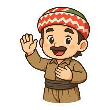 cartoon Kurdish man in traditional Kurdish clothing greeting with hand raised or hand on chest, colorful and cheerful, no text, sticker style suitable for WhatsApp and Instagram sticker