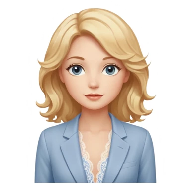 Telegram-style sticker pack of a gentle woman with fair skin, wavy honey-blonde hair, and calm gray-blue eyes. She wears blush lace lingerie and a white blazer, radiating warmth and confidence. Stickers are lively, bright, and expressive, with a soft romantic tone. sticker