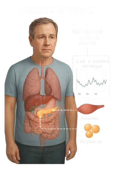 a middle-aged man stands in a clinical setting, with a semi-transparent overlay showing his internal organs. His pancreas is highlighted, and glowing lines or icons indicate disrupted insulin signaling between the pancreas and muscle or fat cells. The man’s expression is slightly concerned, and a digital chart beside him displays fluctuating blood sugar levels. The lighting is realistic, with a clean, modern medical background. scritte in italiano sticker