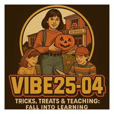 Create a logo that encompasses a retro 80's feel, nostalgic, ALSO RETRO.  Add the words "VIBE25-04: Tricks, Treats & Teaching: Fall Into Learning" sticker