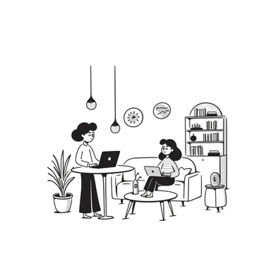 escenary 3d of a cozy mid-century living room with two people working on laptops, one man standing at a desk, and one woman sitting on a couch sticker