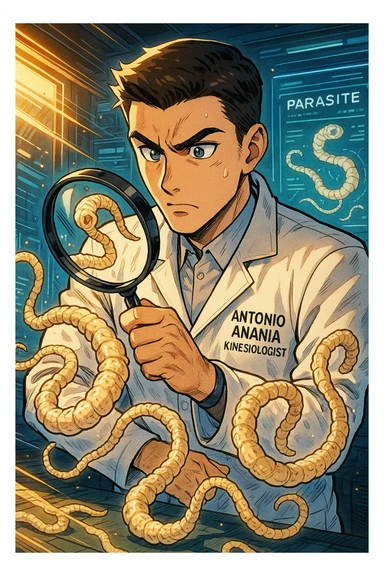 A dynamic manga/webtoon-style illustration of a young male kinesiologist wearing a clean white lab coat, analyzing light beige worms like a tapeworm under a magnifying glass. His expression is focused and slightly intrigued, with sharp, detailed eyes. The art style is vibrant, with bold linework, rich colors, and dramatic lighting. The background is a futuristic laboratory with glowing holographic screens displaying parasite data. The tapeworm is intricately drawn, slimy and segmented, with a slightly exaggerated yet realistic texture. The composition is dynamic, with motion lines or energy effects to emphasize his scientific investigation. The atmosphere is intense but not dark, keeping a balance between scientific seriousness and stylish manga aesthetics, he has "ANTONIO ANANIA" WRITTEN ON WHITE LAB COAT sticker