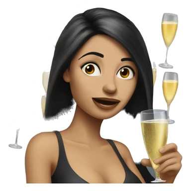 Hyperrealistic Funny woman with black long hair drinks champagne sticker