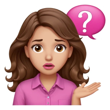 girl with long wavy brown hair, brown eyes, light to medium complexion, in a pink shirt, pink lips, long lashes, confused, question mark one speech bubble sticker