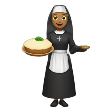 a nun wearing green presenting a shepherd pie sticker