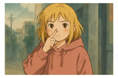 A girl yellow hair brown eyes pink Urban Heavy Loose Fit Hood Sweat touch your nose  sticker