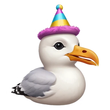 A seagull head with a party hat sticker