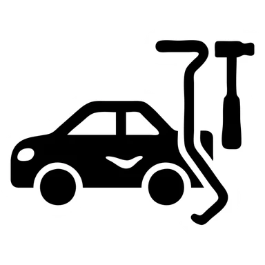 solid filled icon of a car with a visible dent and dent repair tools like a lever and small hammer for Paintless Dent Repair (PDR) sticker