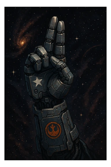 Mano robótica haciendo el gesto de saludo o7, fondo de galaxia, estilo rebelde y futurista, colores oscuros, detalles espaciales sticker