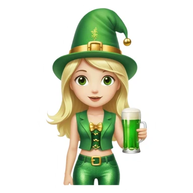 Blonde haired girl in glittery green bell bottoms and tall leprechaun hat holding a green beer sticker