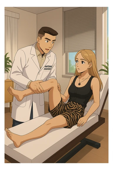 fai un webtoon/manga a colori con questo kinesiologo in camice bianco (fagli la scritta "ANTONIO ANANIA" SUL CAMICE) CHE SVOLGE UN TEST NEUROMUSCOLARE SOLLEVANDO UNA GAMBA ALLA RAGAZZA CHE è STESA SU UN LETTINO BIANCO. STANZA SEMPLICE E MODERNA, DURANTE IL TEST I DUE DIALOGANO TRA LORO. NON FARE I FUMETTI, FAI SOLO LORO COME SE DIALOGASSERO sticker