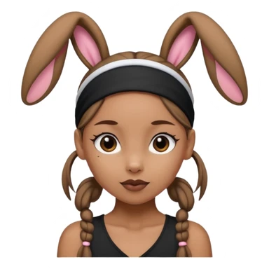 "A tan-skinned person with a high brown ponytail wearing a headband with black bunny ears. The character is dressed in a stylish black outfit. The emoji style should be cute, expressive, and modern — simple but detailed enough to show the ponytail, bunny ears, and outfit clearly." sticker