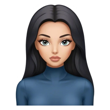 Glamours, tanned, very beautiful girl, with big pump peach-beige-rose lips, long long lashes, black straight smooth silky long hair, straight parting hair, blue-grey eyes in black long-sleeves bodysuit sticker