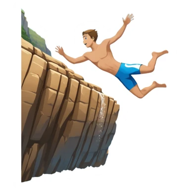 A diver mid-air, plunging from a high cliff into the sparkling ocean below. The background features rugged cliffs, clear blue water, and a bright sky, emphasizing the excitement and danger of the sport with a sense of freedom and adventure. sticker