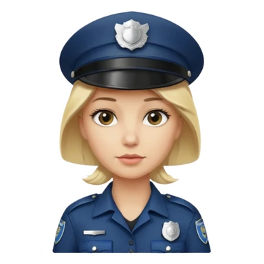 A blonde woman wearing a dark police hat with a silver badge, looking straight ahead with a calm expression. sticker