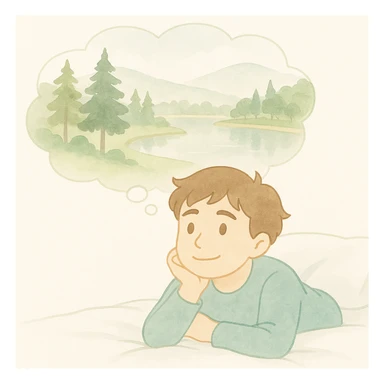 Create an image of the same guy lying on a bed with a hopeful expression, daydreaming about Da Lat. Include a dreamy thought bubble above his head showing Da Lat scenery with pine trees, hills, and Xuan Huong Lake. Maintain the soft watercolor illustration style with pastel colors, delicate linework, a gentle, whimsical mood, anime-inspired features, and minimal, soft shading. Do not include any text. sticker