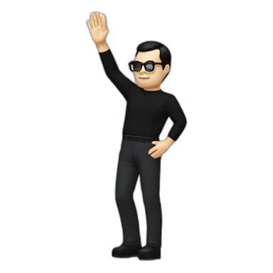 small photo realistic left arm waving Ralf Hutter from Kraftwerk, short straight black hair, Dark Brown eyes, black glasses, thin, black shirt, right side view sticker