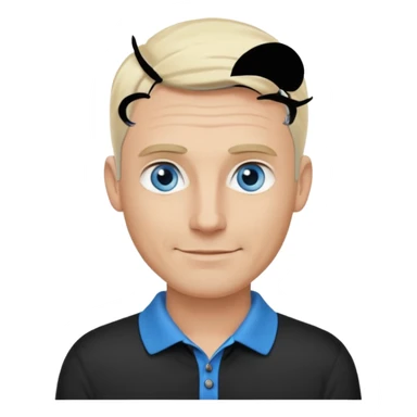 Avatar pic male 35 years old gray hair blue eyes clean shaven blonde eyebrows high cheekbones sly smile long eyelashes wearing a black golf shirt sticker