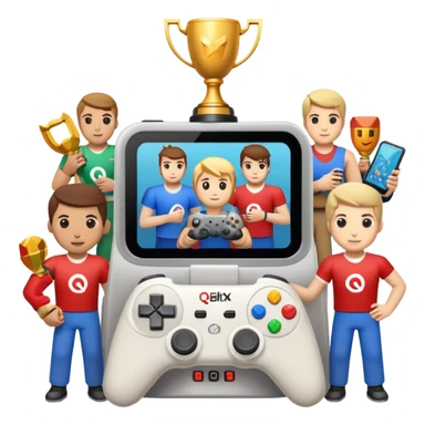 Gaming console with 'qbix88' displayed on screen, surrounded by trophy, controller and team of players sticker