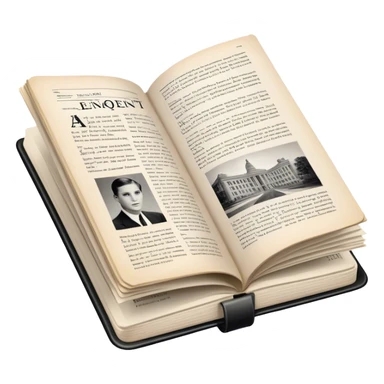 Icon for Non-Fiction & Narrative Reading: an open book with historical facts and narrative text on the pages, featuring black-and-white photos, news clippings, and an open folder with top-secret documents. Transparent background. sticker