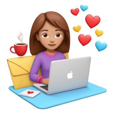 3D clay character relaxed with laptop and coffee, floating icons (envelope, heart, dollar), colofrful outfit, floating icons, white laptop, Pixar style, transparent background sticker