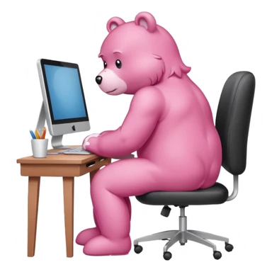 Pink Care bear sad in suit back view, sit on a chair, working on a computer, with a big desk sticker