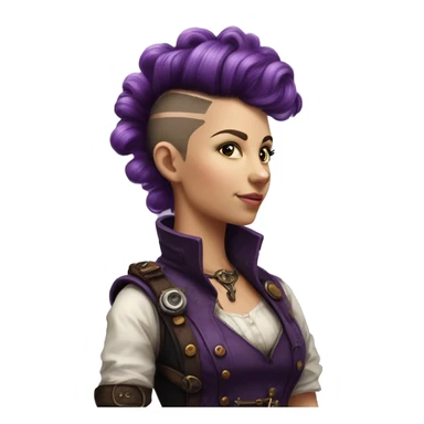 Photorealistic steampunk profile short mohawk purple  curl on Caucasian girl with small nose sticker