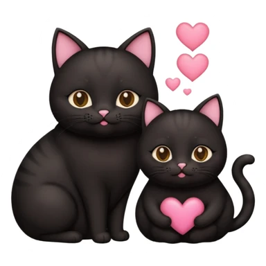 two fat cute black cats love, closed mouth, black ears, pink heart sticker