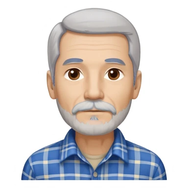 Thin older Hispanic man with light complexion. Elongated slim face with wise expression. Relaxed brown eyes. Long straight fine gray-white hair that covers the ears with soft fringe in front. White mustache connected to chin beard. Lean physique. Wearing a beige and blue plaid long-sleeved shirt. sticker