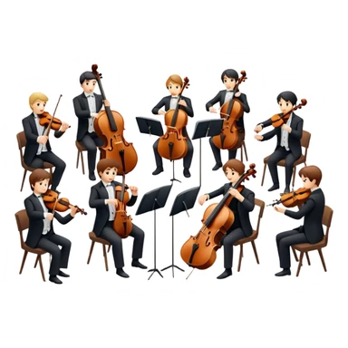 Icon for Classical Music: chamber orchestra with 4-5 musicians playing string instruments (violins, violas, cellos) and a conductor leading the ensemble. The intimate, refined atmosphere. Transparent background. sticker