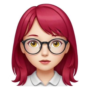 Menina com cabelos longos vermelho Cherry, liso com franja,olho direito ROSA e olho esquerdo amarelo,pele clara e com oculos  sticker