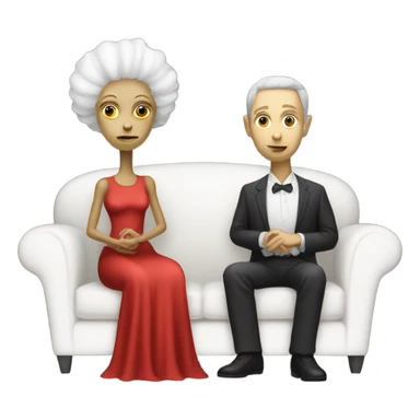 alien reptilian woman in red dress, normal human male in white dress, sitting on a couch  sticker