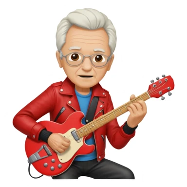 guitar rock player, elderly head, red jacket sticker