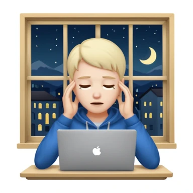 tired student with laptop, window at night behind, rubbing temples sticker