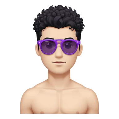 shirtless male athlete with white skin and moderately curly black hair on top with shaved sides, wearing purple sunglasses with black tinted lenses sticker