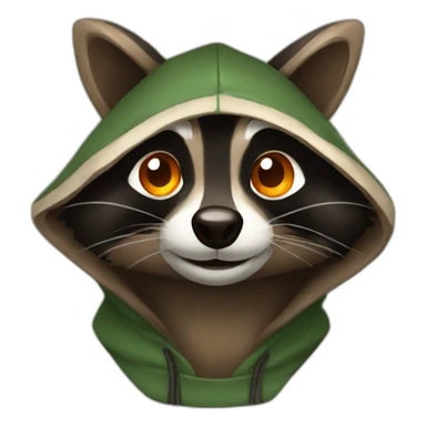 brown raccoon with orange eyes and a dark green hood that is smiling sticker